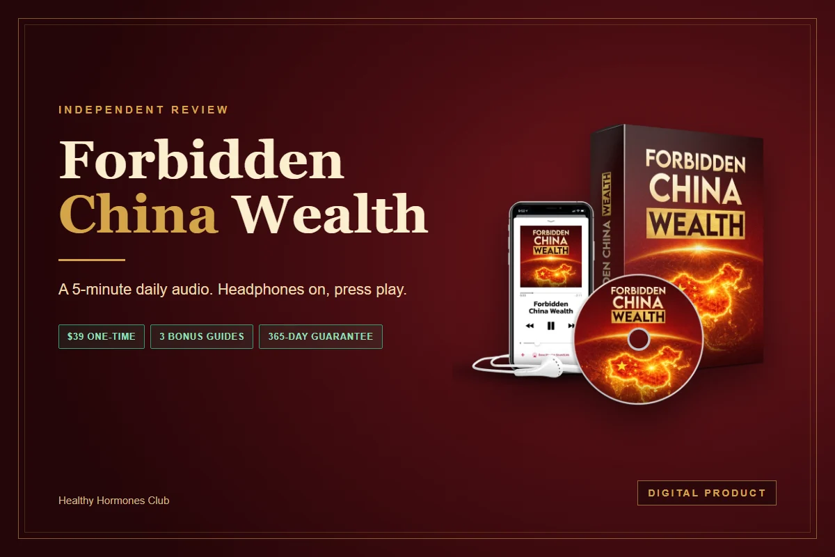 Independent review graphic for Forbidden China Wealth in deep red and gold, showing the seller's product mockup with a phone audio player and a Digital product note